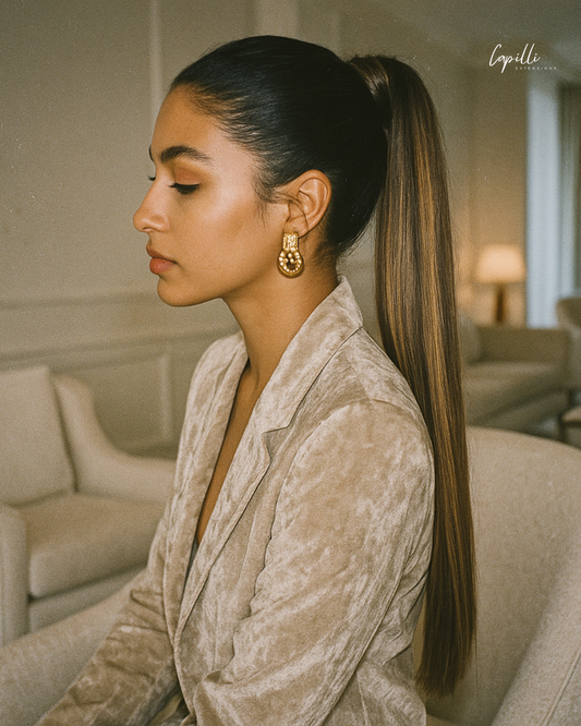 Vrouw draagt high/lowlight ponytail extension voor natuurlijk volume