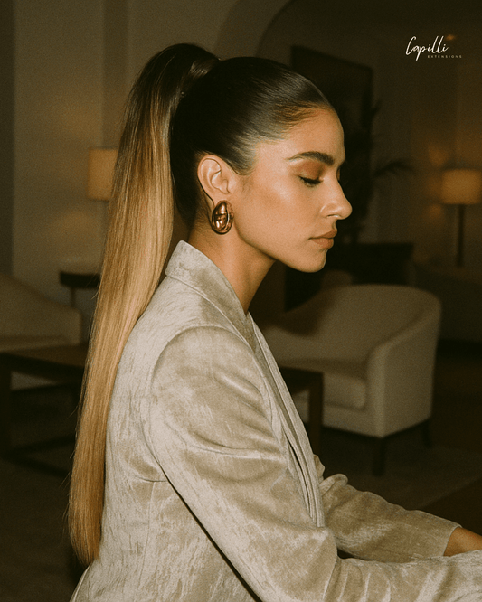 Vrouw met ombre ponytail extension in blond-bruin haar