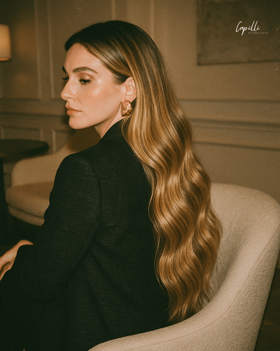 Vrouw draagt lowlight weave extensions met kleurnuance