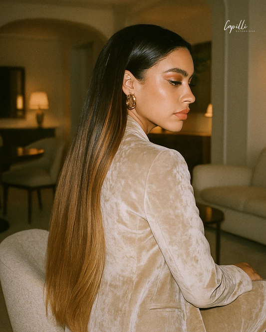 Model met ombre weave extensions voor natuurlijk kleurverloop