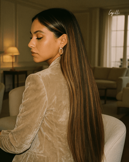 Model met highlight weave extensions voor natuurlijk volume