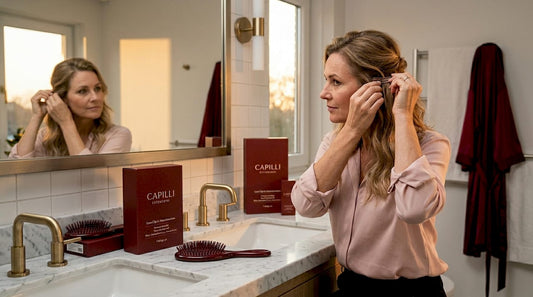 Vrouw zet clip-in extensions in haar haar