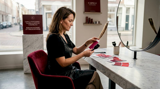 De kapster stemt de kleur van haar extensions perfect af op de kleurstaal.