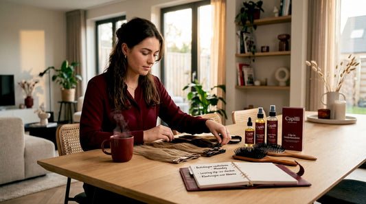 Een vrouw legt haar tools voor haarverlenging netjes uit op tafel.
