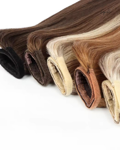 Close-up ponytail extensions in bruin en blond natuurlijk haar