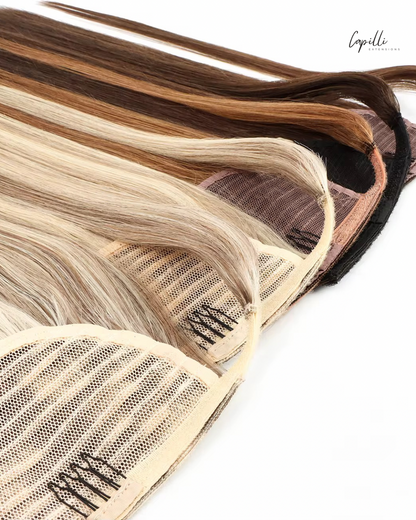 Ponytail extensions productfoto in blond en bruin steil haar