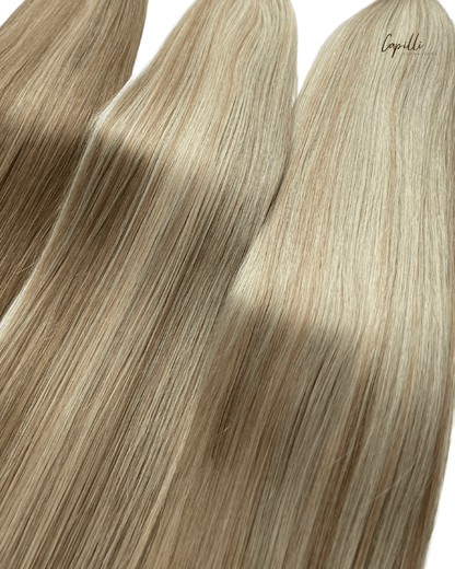 Close-up high & lowlight weave extensions van 100% human Remy haar