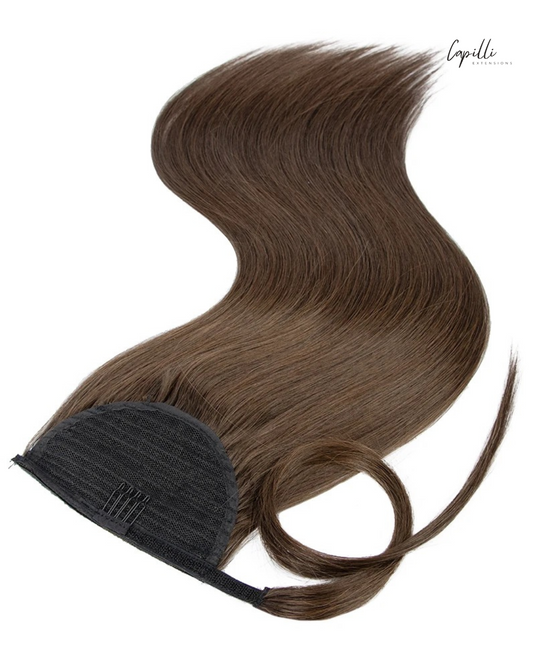 Donut staart van Capilli Extensions, 100-250 gram, met lange, golvende haarstuk voor een volumineuze paardenstaart.