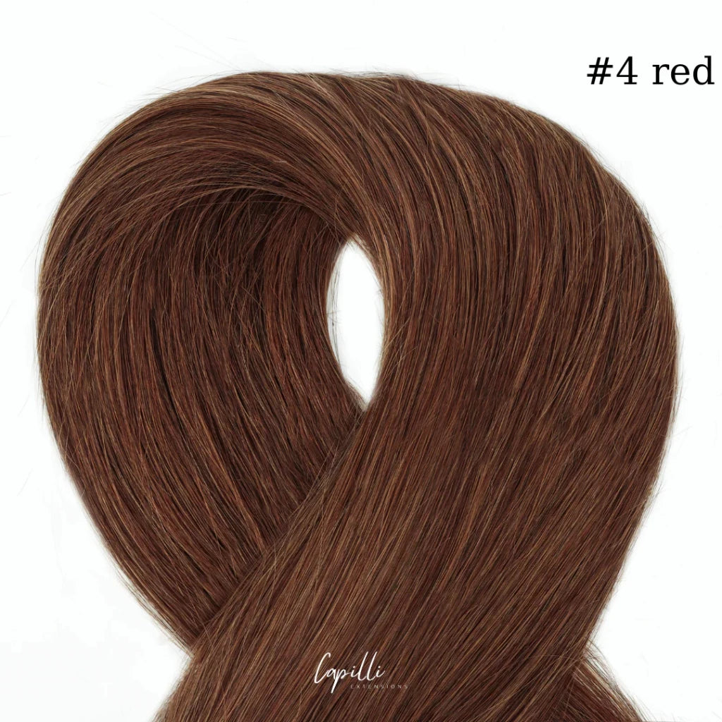 Ponytail extensions in #4 red, premium 100% human remy hair, available in 100g to 250g, lengths 30cm to 76cm.