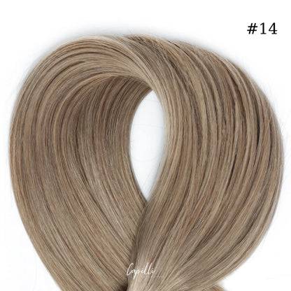Ponytail extensions in kleur #14, premium 100% remy human hair, verkrijgbaar in gewichten van 100 g tot 250 g, lengtes 30-76 cm.