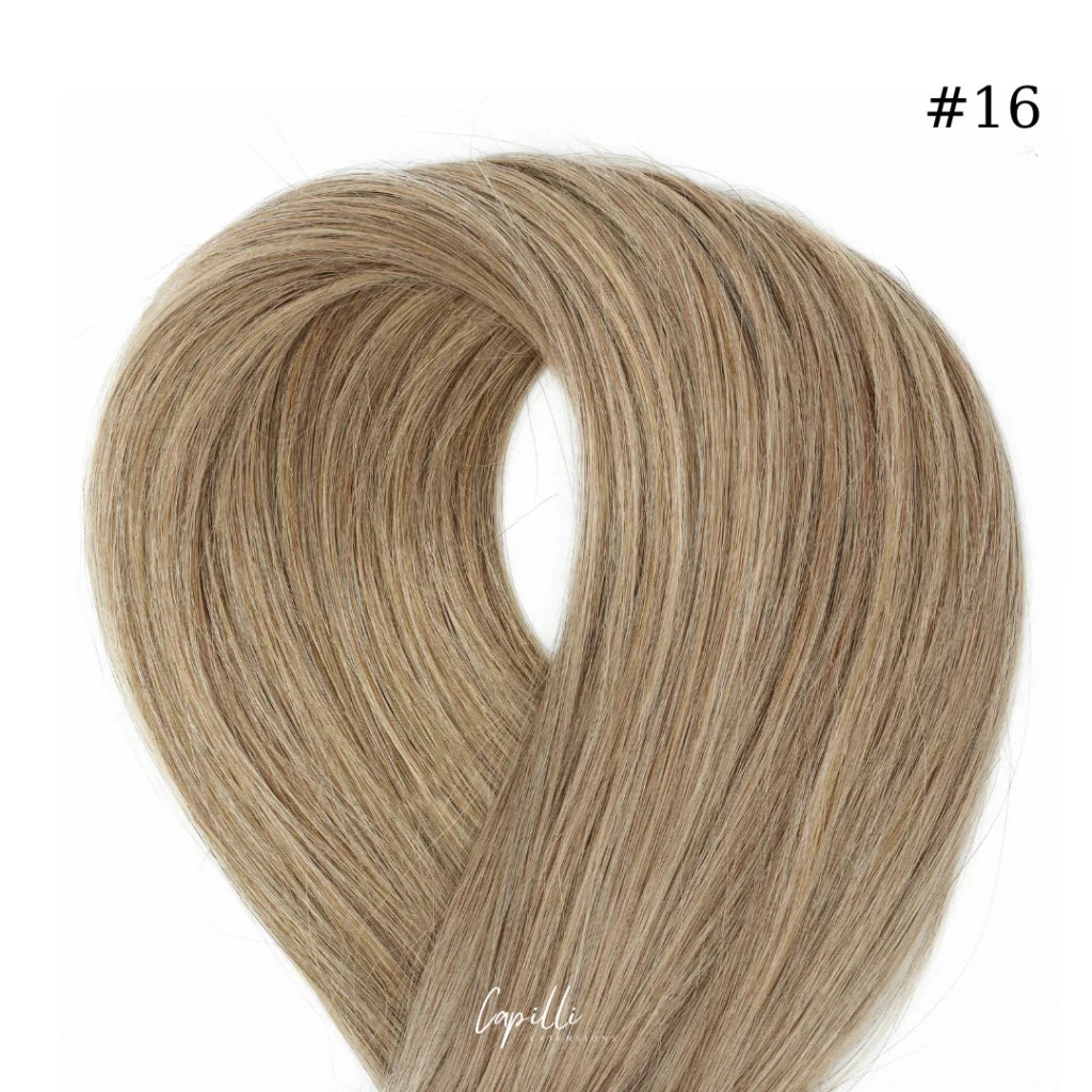 Ponytail extensions in natural blonde shade #16, premium 100% human remy hair, available from 100g to 250g, lengths 30-76 cm.