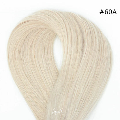 Ponytail extensions in #60A platinum blonde, 100% human Remy hair, 100-250g, lengths 30-76 cm, single or double drawn option.