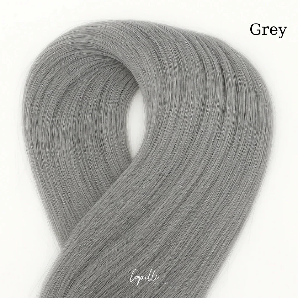 Grijze ponytail extensions van premium 100% human remy haar, 100g t/m 250g, lengtes 30 cm t/m 76 cm, beschikbaar in single en double drawn.