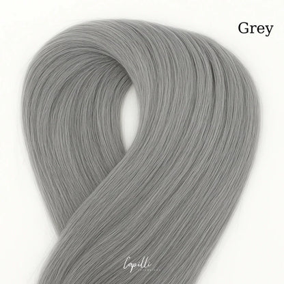 Grijze ponytail extensions van premium 100% human remy haar, 100g t/m 250g, lengtes 30 cm t/m 76 cm, beschikbaar in single en double drawn.